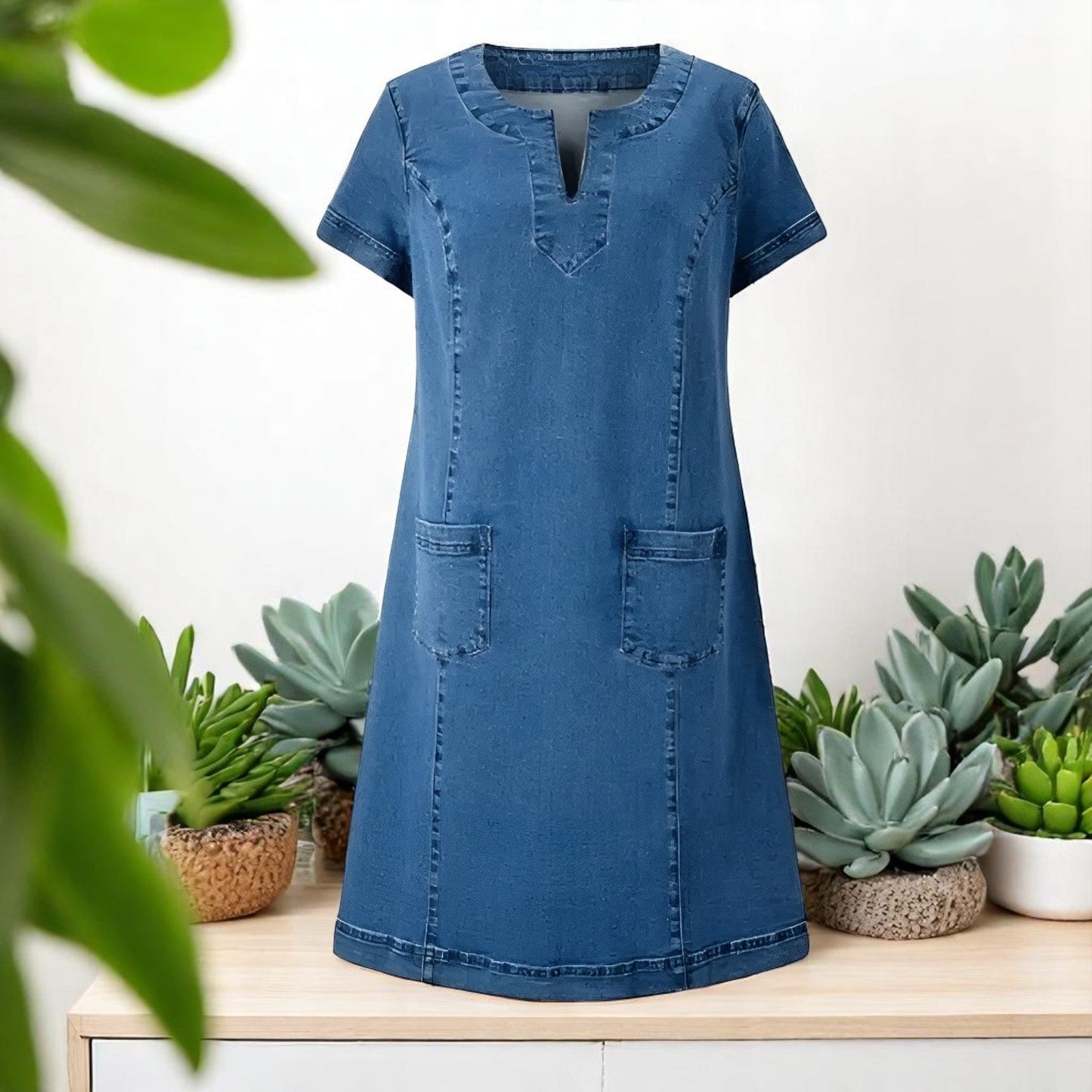 Julia™ | Zachte Denim Jurk met Voorzakken